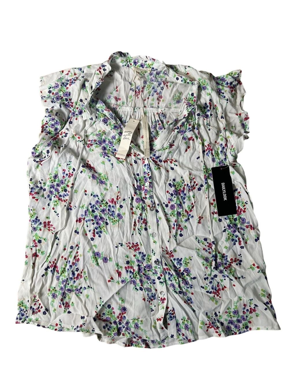 Lovestitch Blouse Womens M White Floral V-Neck Short Sleeve Ruffle Button